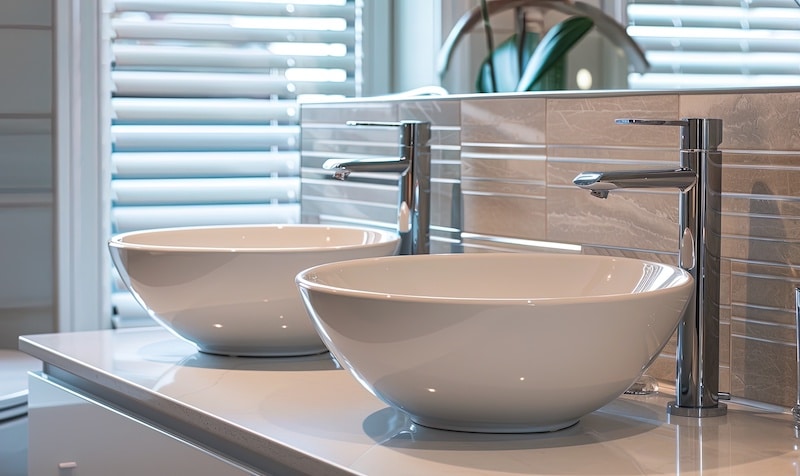 Two sinks positioned side by side. Suitable for bathroom or kitchen themes
