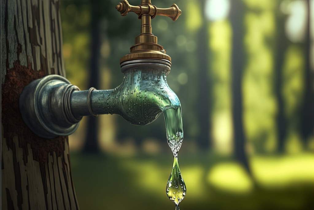 In a campsite, water trickles slowly from a faucet. Generative AI