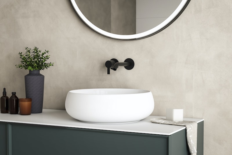 3D render close up perspective blank empty space on ceramic vanity unit counter top in the bathroom with white ceramic porcelain sink with faucet, morning sunlight, wall, Elegance