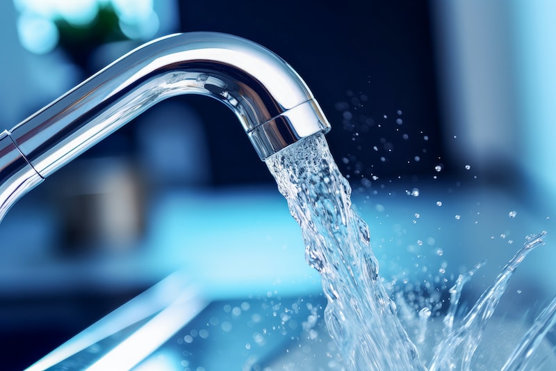 Steel chrome faucet with water flow - detail from indoor. Generative ai.