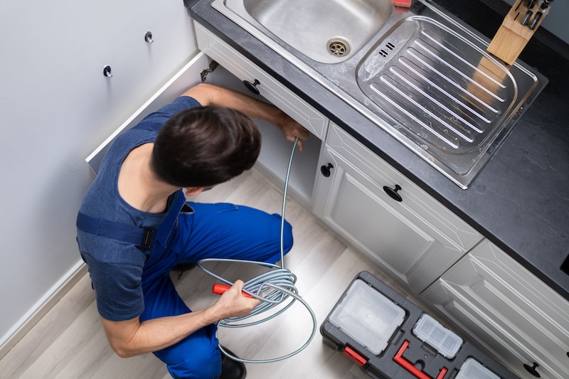 Male Plumber Cleaning Clogged Sink Pipe In Kitchen