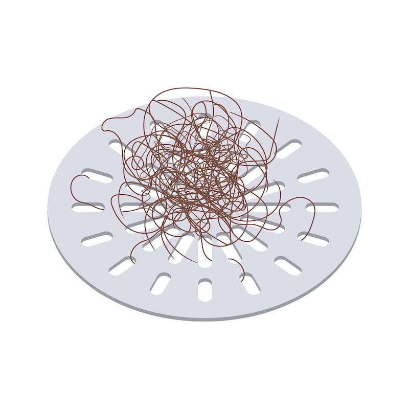 Hair clump stuck in the shower drain grid. Hair fall problem. Alopecia symptom concept. Cleaning washbasin after washing scalp. Isolated cartoon vector illustration
