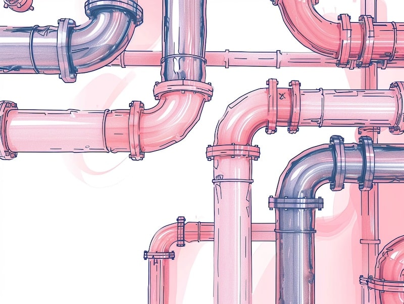 A vertical background of pipes and pipe connections, isolated on white, creating an abstract representation of communication networks