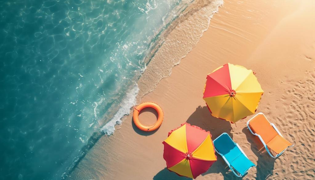 Top view of beach chairs and umbrella for summer vacation concept.