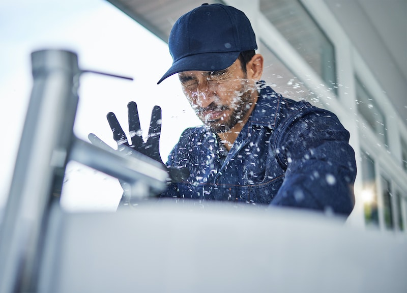 Plumbing, accident and asian man in bathroom with water splash, crisis or hand basin leak, fail or crisis. Faucet, emergency and male plumber with mistake, problem and pipe flood in home repairs.