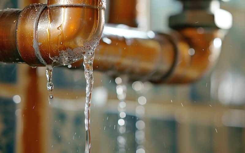 Close-up of a broken copper pipe with water dripping from it.