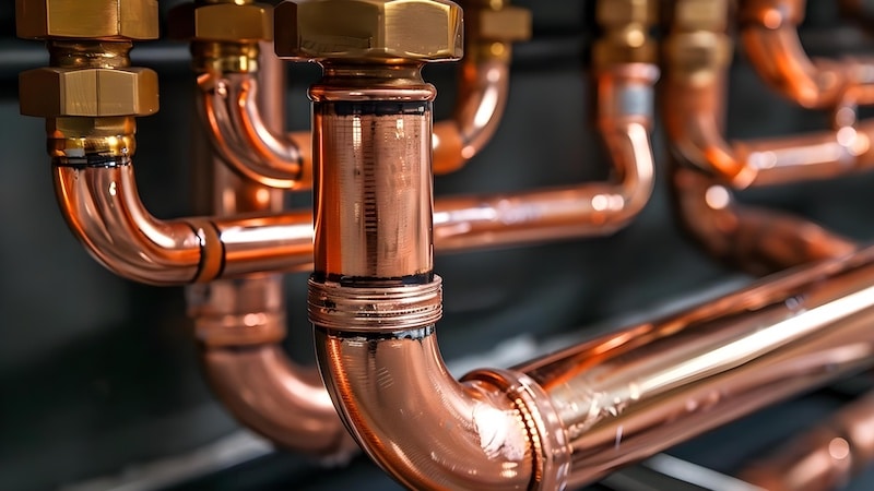 Modern plumbing service with copper pipeline for boiler room heating system. Concept Plumbing Service, Copper Pipeline, Boiler Room, Heating System, Modern Technology