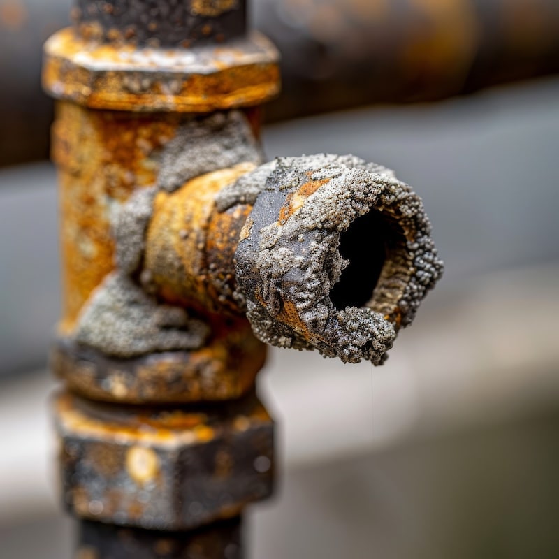 Close-up of a rusty, corroded pipe fitting with mineral deposits.
