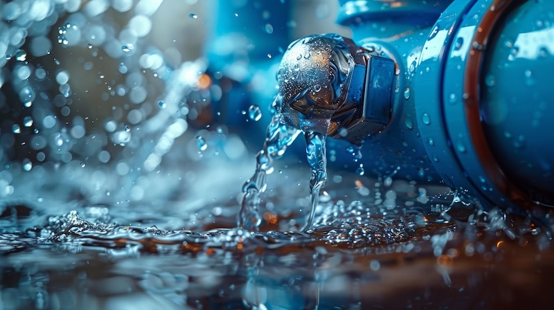 Bursting blue water pipe captures the dynamic urgency of an unexpected leak