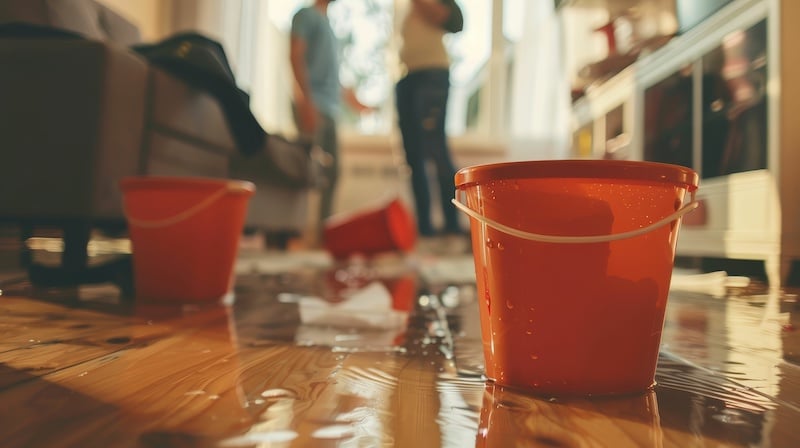 The roof is leaking, the pipe in the house has burst: water is dripping into the buckets in the living room Frustrated people in the background