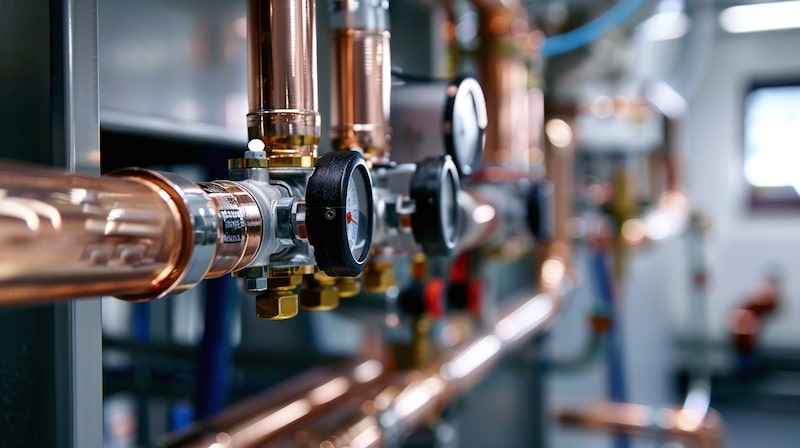 Modern plumbing service with copper pipeline for boiler room heating system. Concept Plumbing Service, Copper Pipeline, Boiler Room, Heating System, Modern Technology