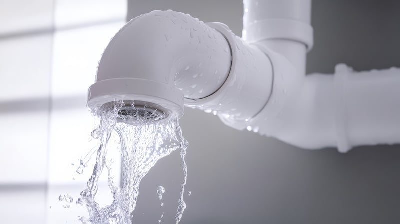 Close-up of a leaking white PVC pipe with water flowing out, symbolizing plumbing issues, water damage, or maintenance needs.