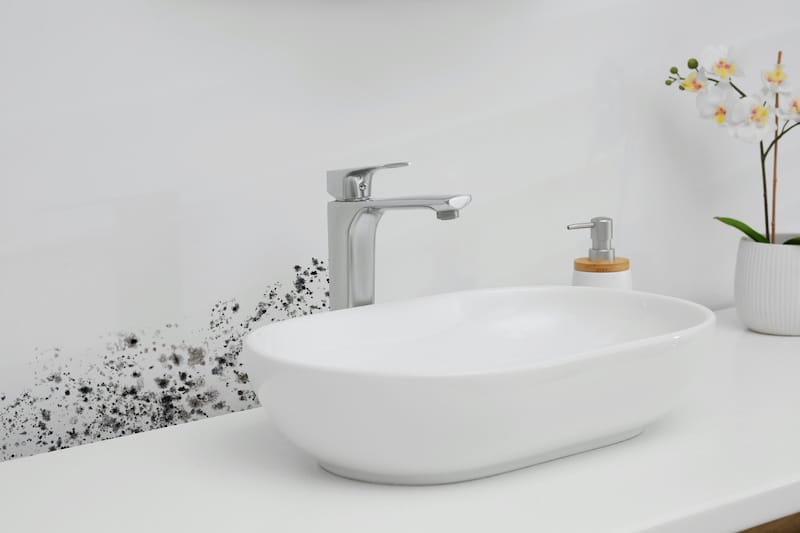 White washbasin, orchid flowers and soap dispenser in bathroom. Interior design