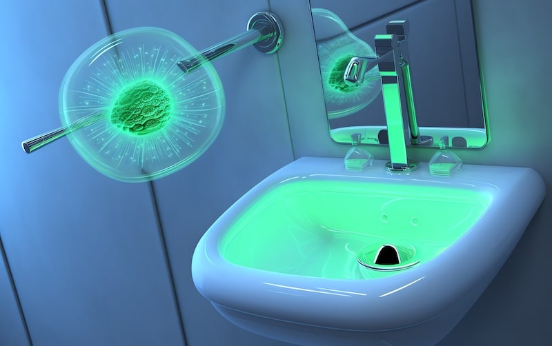 A green biological cell-like organism is seen floating above a bathroom sink in a mysterious sci-fi setting.