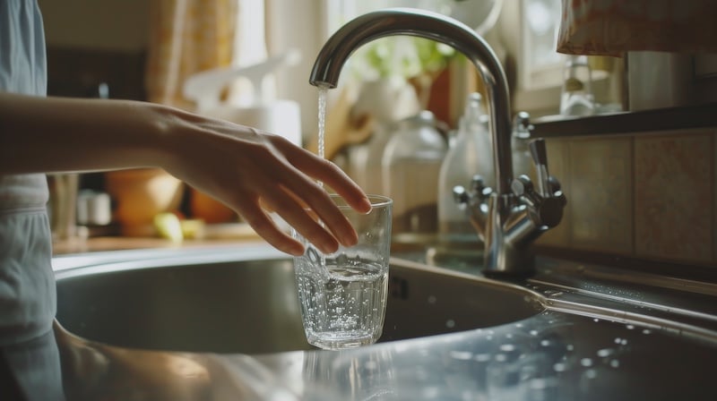 Woman at the kitchen sink filling a glass with tap water