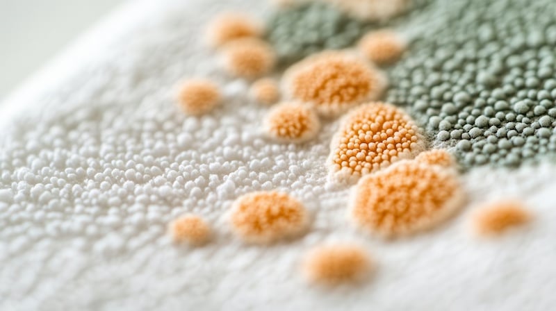 Close-up of mold spores on the surface of a bathroom towel, moisture, bacterial growth