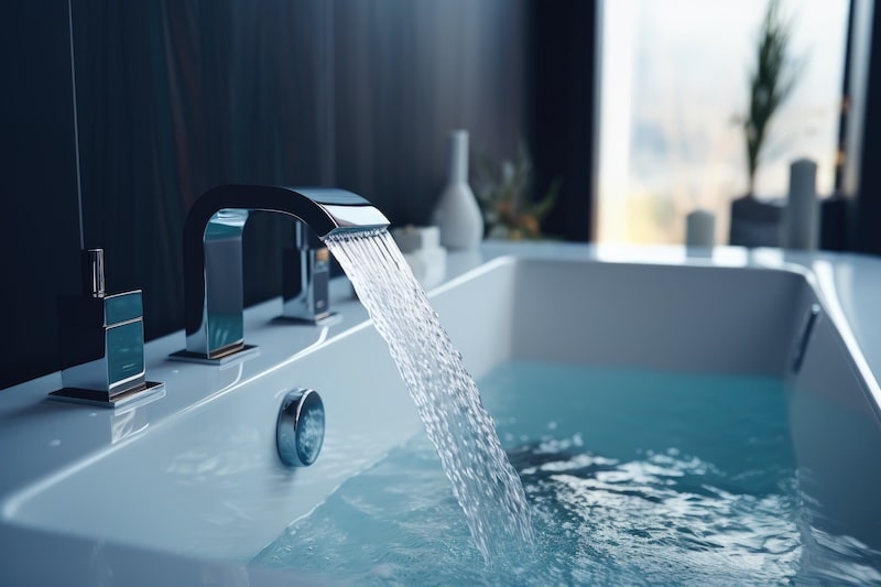 Elegant modern faucet with water filling a white bathtub, contemporary bathroom design.