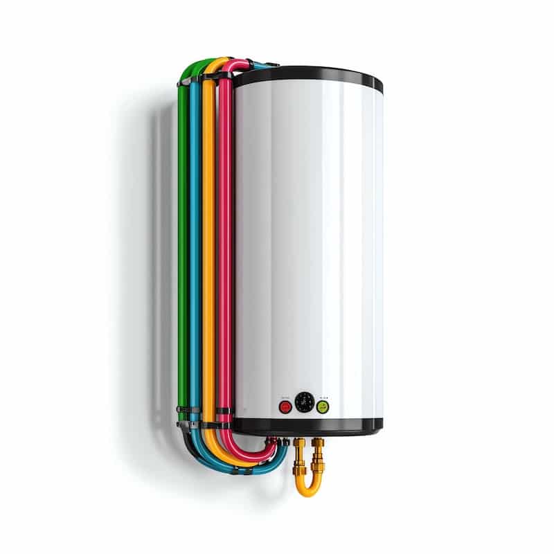 Modern water heater with colorful pipes, providing efficient heating solutions for residential and commercial properties.