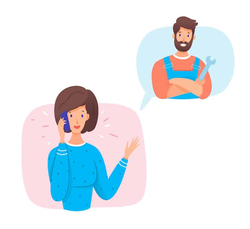 Woman calling plumber. Handyman with instrument in uniform. Female customer calls repair service, husband for an hour, helping with housework, home service order. Vector character illustration