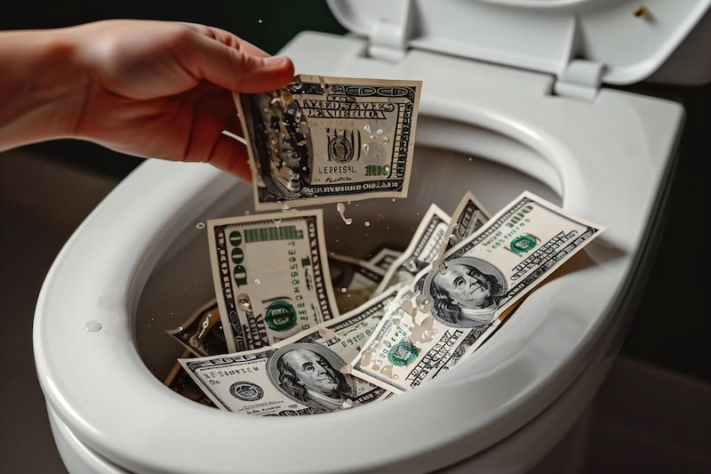 concept photo of a hand throwing 100 dollar bills into a toilet, symbolizing wasting money and flushing revenue down the drain.