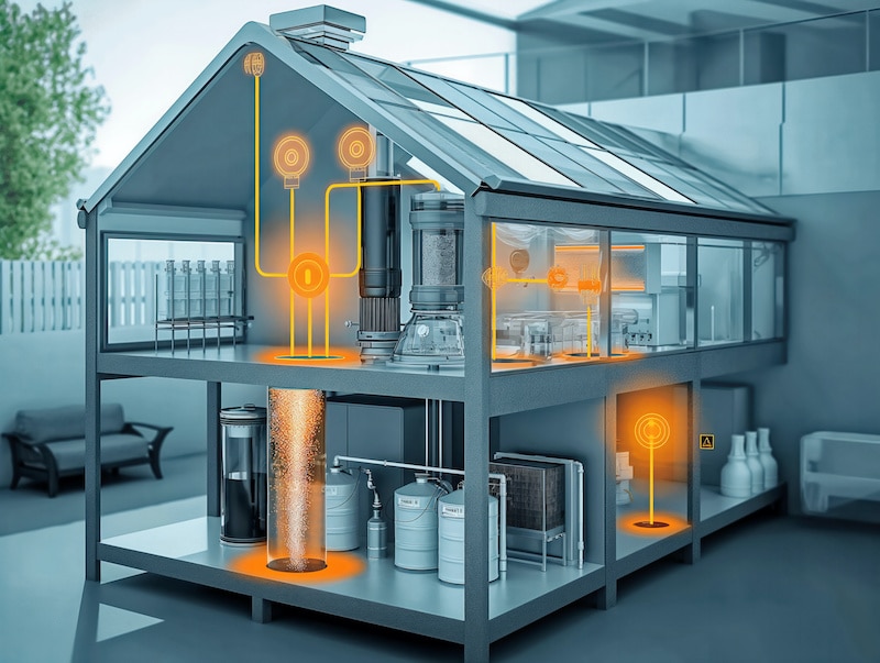 A house with a lot of pipes and wires. The house is very modern and has a lot of technology