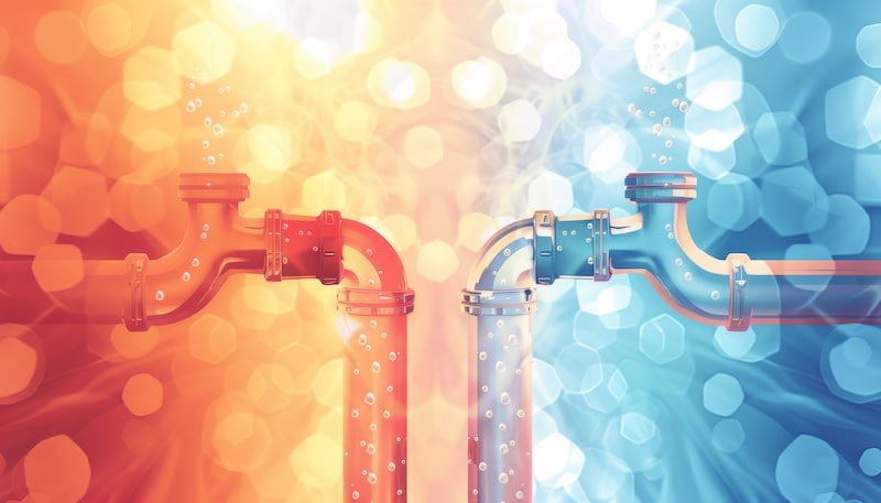 A colorful vector illustration of two different types of ice and water pipes, one with hot air above it on the left side, one with cold air below it on the right side, set against an abstract background with a bokeh effect. The colors include reds, blues, whites, and yellows, creating contrast between warm and cool tones. This design symbolizes temperature scales for heating systems or desalination processes in industry. --ar 7:4 --v 6 Job ID: 021a6753-2ca5-4646-a407-4f944d98550e