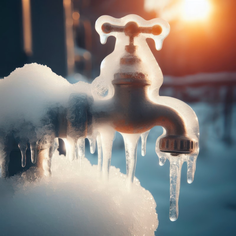 A frozen water pipe in winter, closeup, shallow depth of field. water tap covered with ice. ai generative.