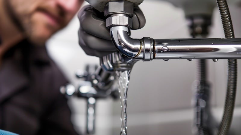 A plumber fixing a leaky pipe under a sink. --ar 16:9 Job ID: 43bf5de5-e8dd-4738-9ef9-c5e82d7ceead