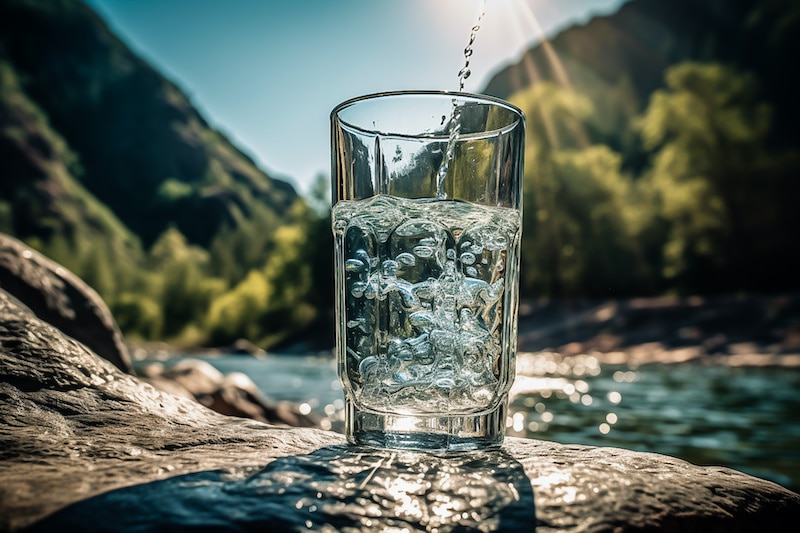 a glass glass with clear water against the background of mountains on a summer day. The image is generated by artificial intelligence. AI generated