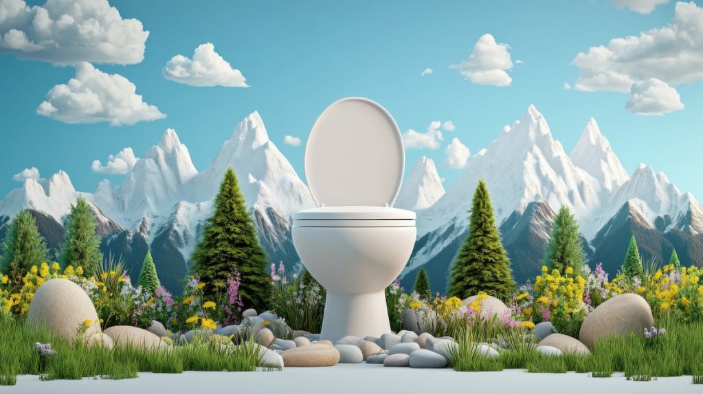 Surreal image of a toilet placed in a beautiful mountain landscape, combining elements of nature and modern plumbing in a unique visual.