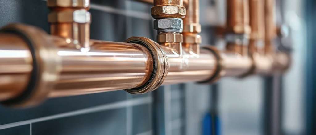 Close-up of copper plumbing pipes with fittings and seals, indicating plumbing infrastructure.