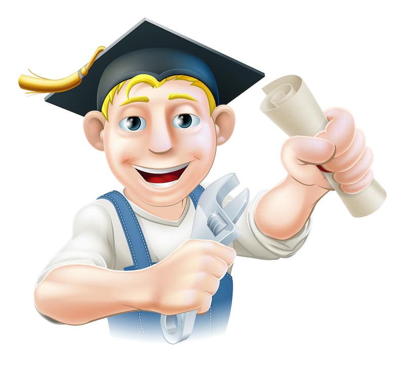 Professional training or learning or being qualified concept. Plumber or mechanic with wrench and mortar board graduate cap and diploma certificate or other qualification.