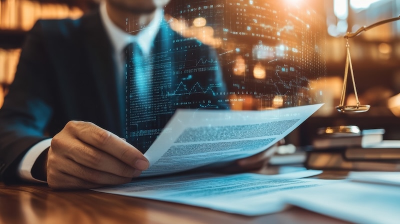 Close-up of a banker reviewing financial documents, with a blurred background of legal books and a digital screen displaying banking regulations. The banker is focused and serious, emphasizing the importance of compliance. --chaos 15 --ar 16:9 --style raw --stylize 200 --v 6.1 Job ID: 70f332d2-90ff-4256-8dd3-6ebfadd3c9cd