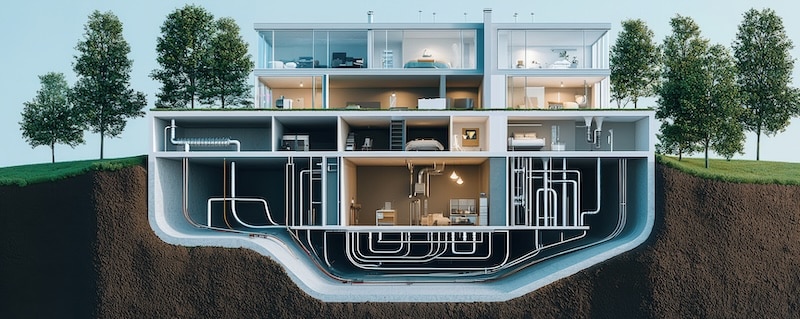 Modern underground house with exposed plumbing and minimal design.