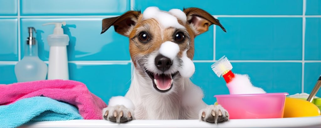 jack russel dog in bathroom with cleaning brushes, wide banner.