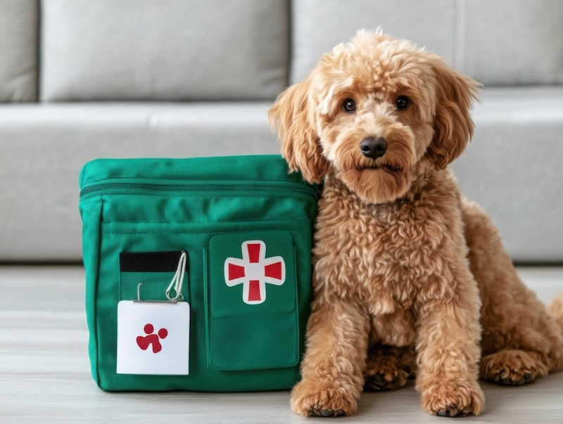 A helpful pet first aid guidebook next to a dog, showcasing an organized kit for emergency care, educating pet owners about safety and wellness.