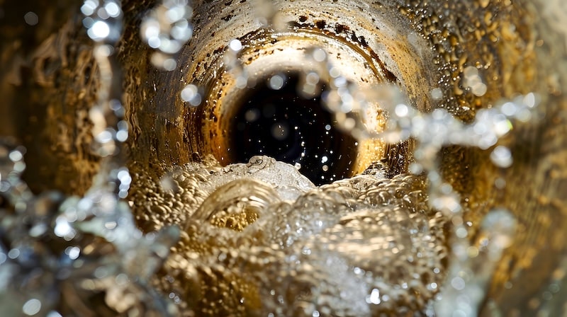 Inside the pipe is rusty with water, created by an artificial intelligence