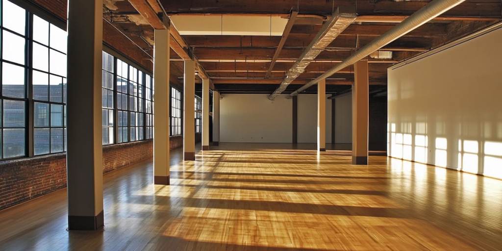 Support beams enhance spacious industrial setting with natural light. Generative AI