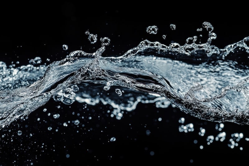 Water splash frozen in mid-air against a black background, capturing the dynamic motion and intricate details.