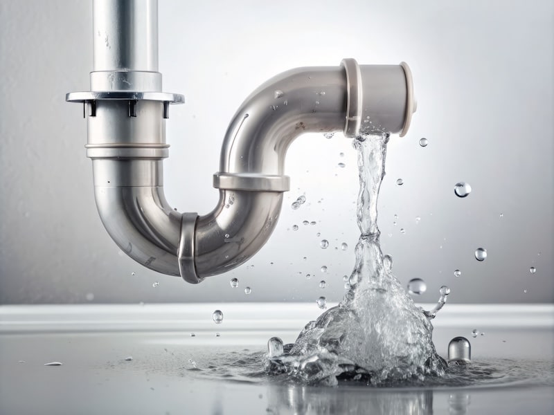 Water droplets leak from a cracked gray plastic pipe under the sink, revealing a clogged drain issue, set against a clean white background for isolation.