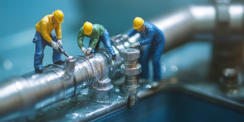 Miniature people, A team of workers examining the pipe in a plumbing repair service scenario, showcasing the diligence and collaboration involved in plumbing repair service efforts.