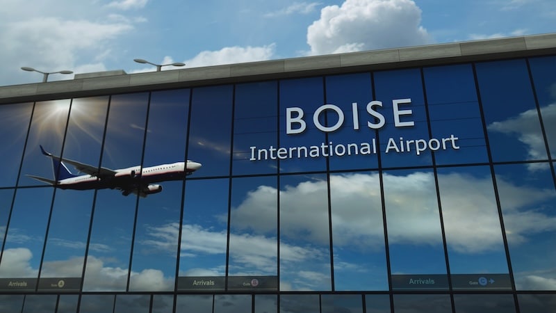 Aircraft landing at Boise, Idaho, USA 3D rendering illustration. Arrival in the city with the glass airport terminal and reflection of jet plane. Travel, business, tourism and transport plumbing pipes