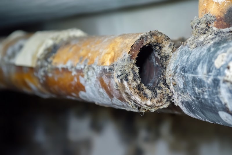 Close-up of a moldy surface inside an old metal pipe, showing corrosion and dirt accumulation. High quality photo