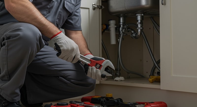 A focused plumber, wearing a gray work shirt and gloves, meticulously adjusts pipes under a bright kitchen sink using a wrench. Tools are scattered around, indicating an ongoing repair or installation task. pipes