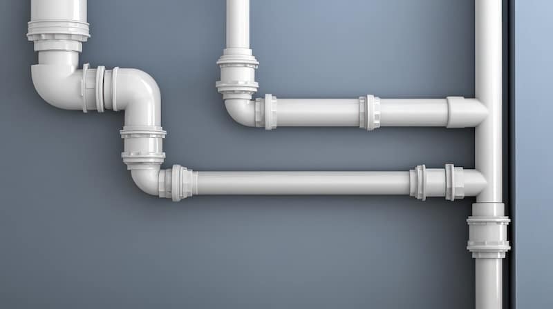 White plastic plumbing pipes arranged on a wall.