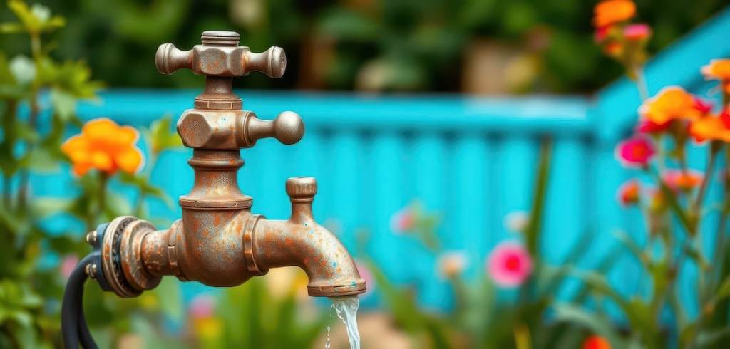 Rustic outdoor garden faucet with weathered metal finish, hydration, nature, outdoor