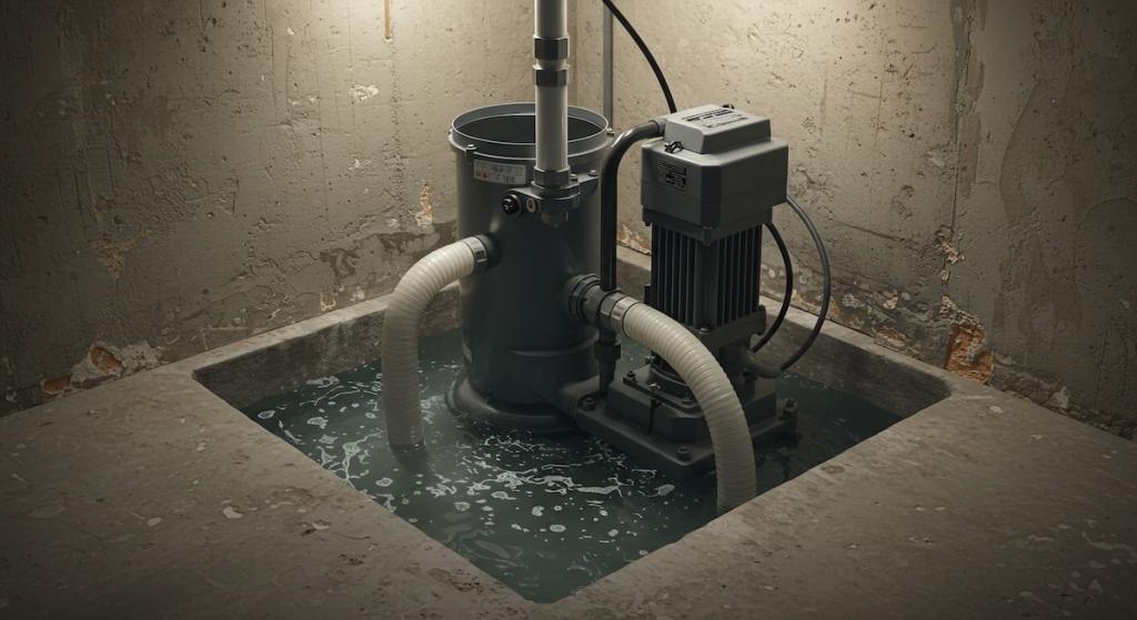 A powerful submersible pump diligently working in a damp basement, quietly ensuring a dry and safe environment with muted tones and industrial textures. sump pumps