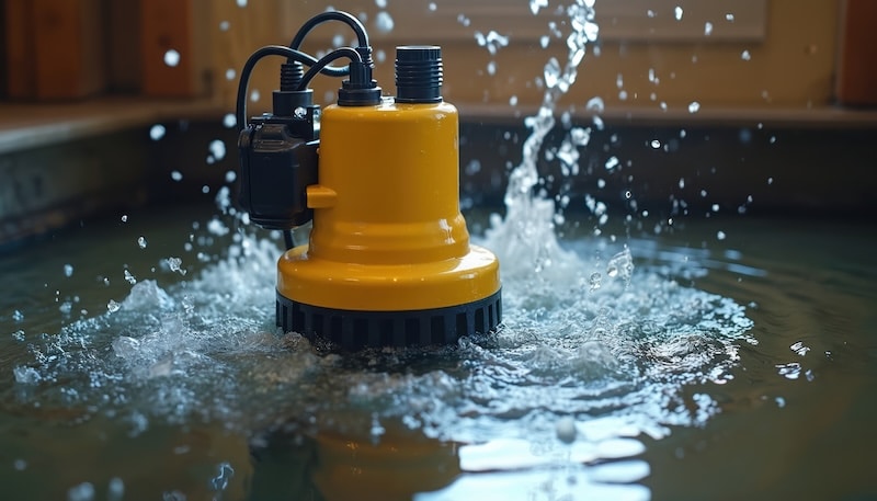 Sump pump removes water from flooded area, basement. Yellow water pump evacuates liquid prevents damage from water. Plumbing equipment for home drainage and flood control system.