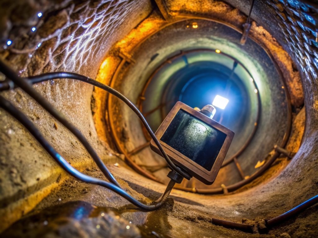 Close-up of sewer inspection camera descending into dark drain, with bright monitor display showing murky underwater pipe interior, revealing hidden infrastructure.