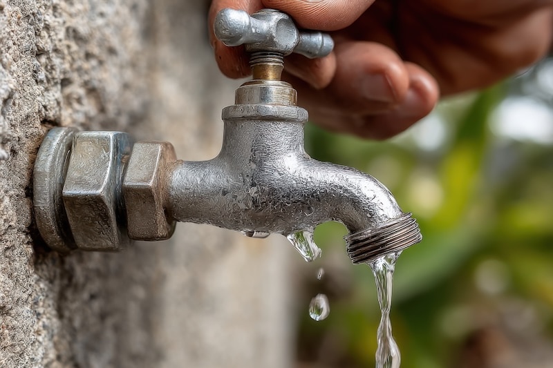 Plumber fixing a dripping outdoor tap --ar 3:2 --stylize 250 --v 7 Job ID: 312640f2-e176-4211-bfda-7d0ef9e7d9b7 hose bib